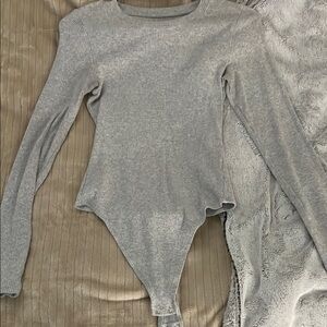 Gray Ribbed Long Sleeve Bodysuit